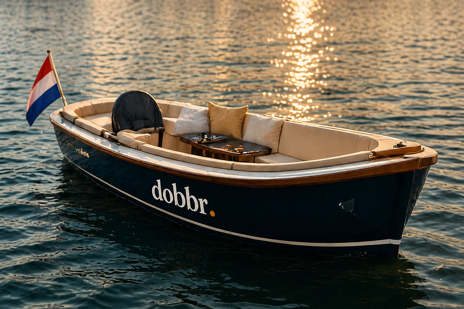 De sloep van Dobbr — donkere romp met gouden naam, Nederlands vlaggetje, op glitterend water in het gouden uur