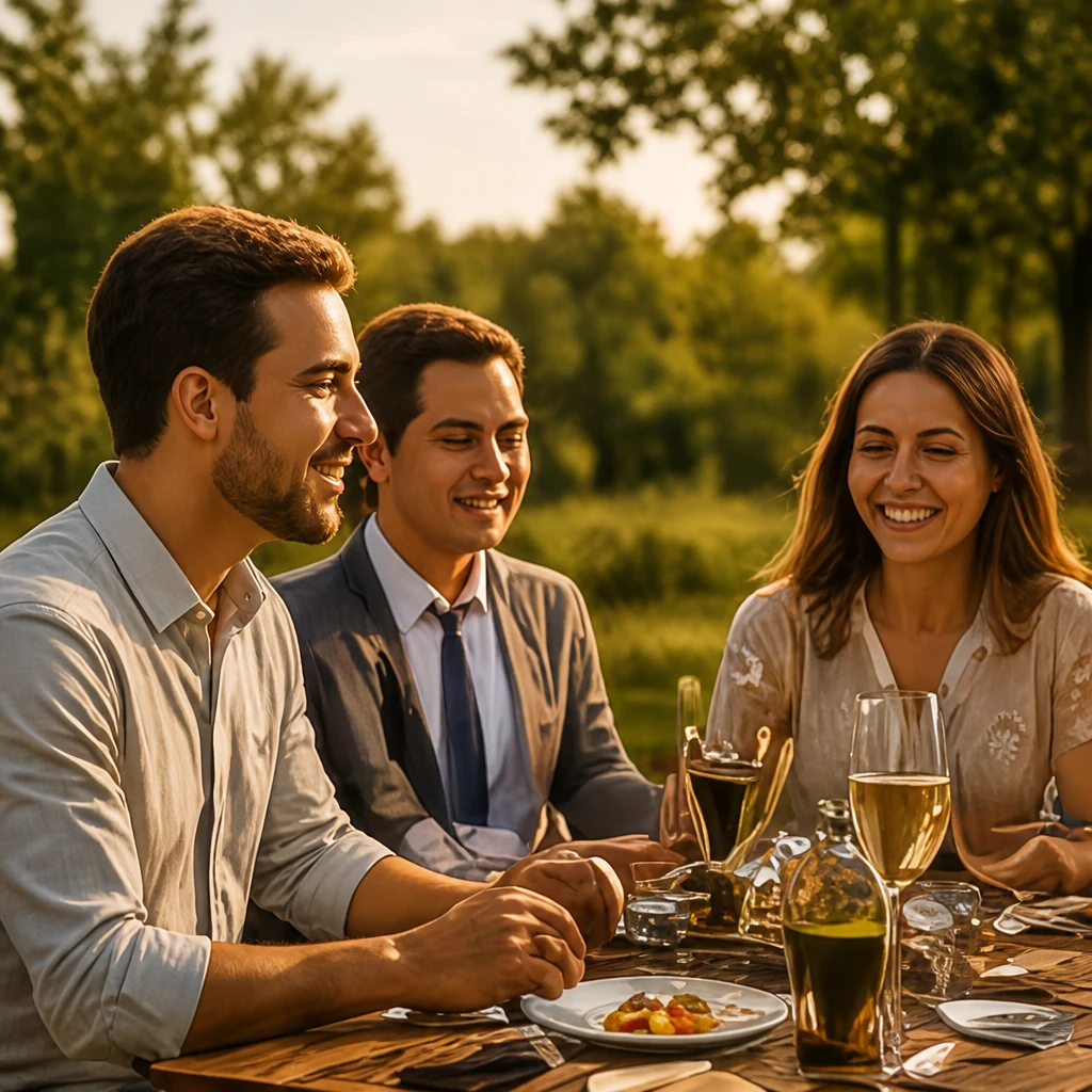Collega’s aan tafel in het groen, glazen wijn erbij