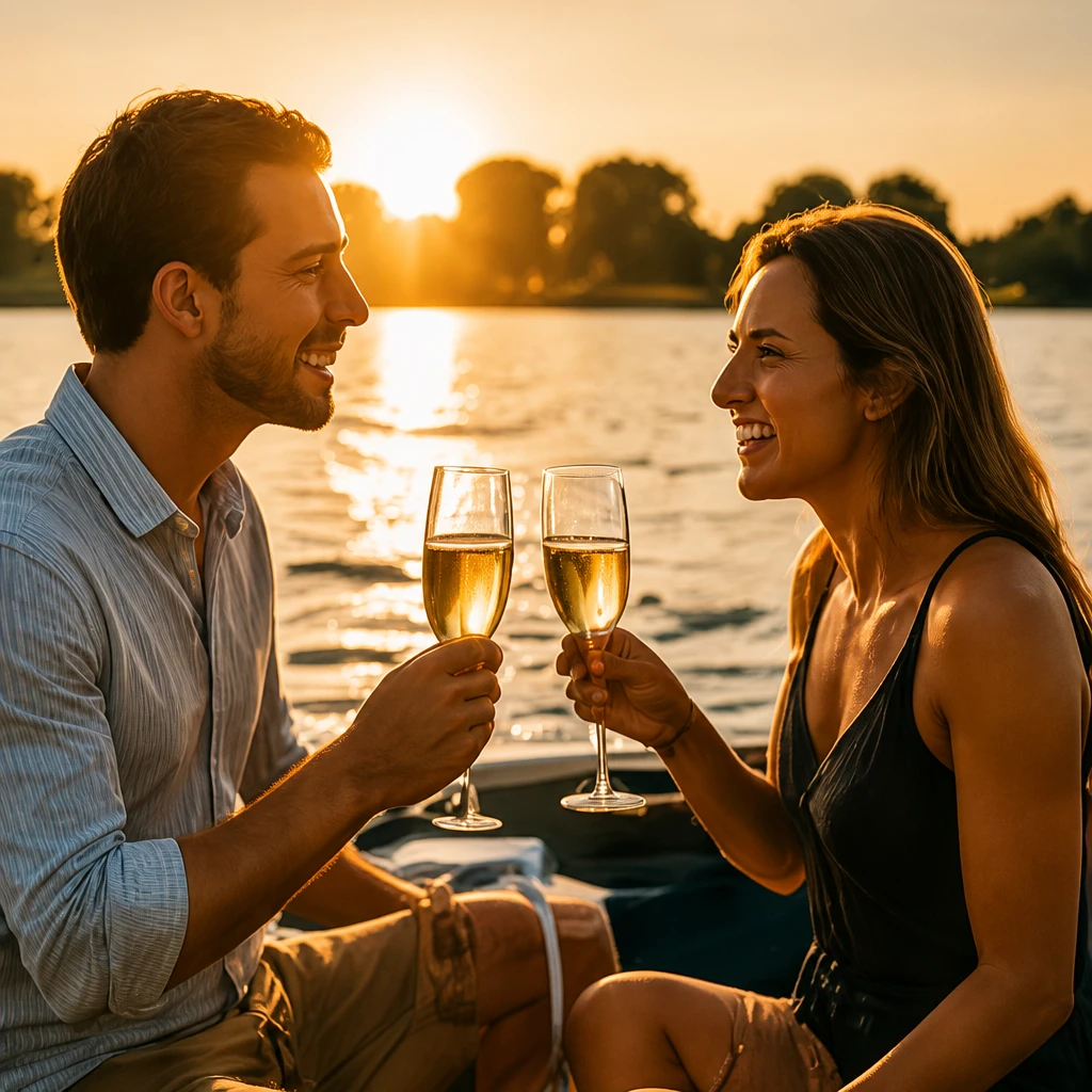 Stel proost met champagne in avondlicht op het water