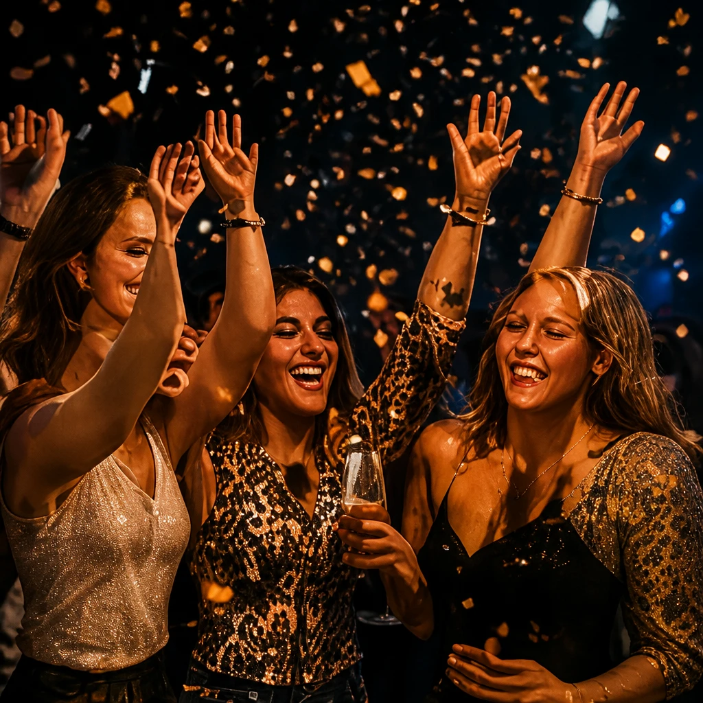 Vrienden vieren feest met confetti en opgeheven armen