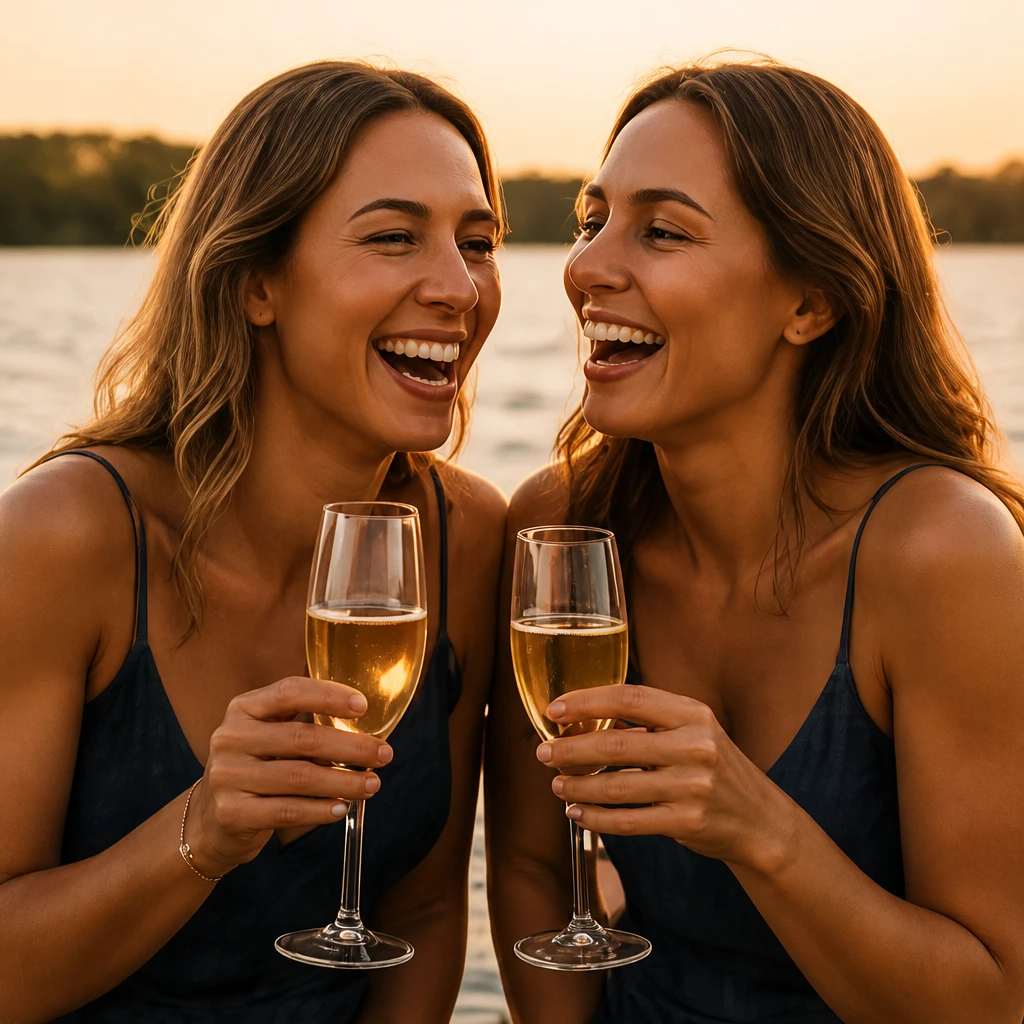 Twee vriendinnen lachen met wijnglaren bij het water